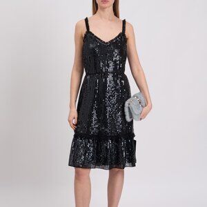 NWT NEEDLE & THREAD Sequined Tulle-Trimmed Chiffon Dress - M, Black